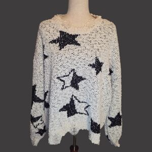 POL NEW Distressed Knit White Popcorn Sweater with Black Stars Oversized Large